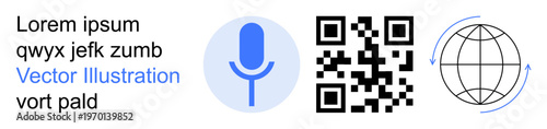 Voice recognition, digital tools, QR code scanning, global connectivity, tech innovations, online services. Microphone icon, QR code and globe symbol. Voice recognition and digital tools concept