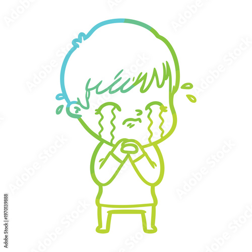A cute cartoon boy crying with large tears streaming down his face in a gradient outline style.