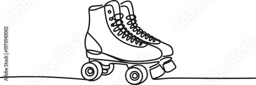One single line drawing of pair of old retro plastic quad roller skate shoes. Trendy vintage classic sport concept. One line draw graphic design vector.