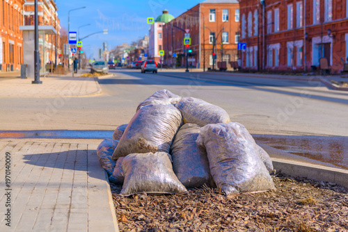 Stack of trash bags on a roadside during a spring cleanup event. Environmental protection and city beautification process in a residential area.