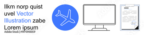 Travel, technology systems, documentation processes, aviation services, tech interfaces, digital design integration. Blue airplane icon, computer monitor and document outline. Travel and technology