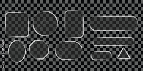 Set of glassmorphism frames, frosted glass plates, transparent. Glass rounded square button set on transparent background. Glow sign up with effect design and glass liquid elements. Gradient line aest