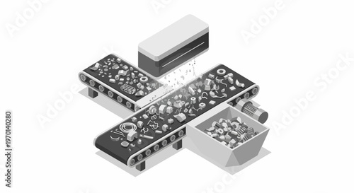 Isometric 3D Industrial Sorting System with Conveyor Belts and Sensor for Metal Recycling and Waste Management