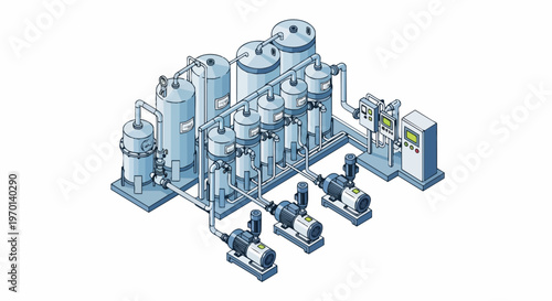 Isometric Industrial Water Filtration System and Chemical Processing Plant Illustration