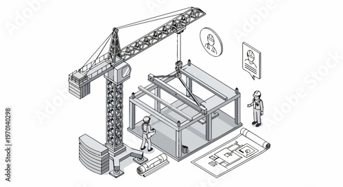 Isometric Construction Site Illustration with Tower Crane, Engineers, and Building Blueprints