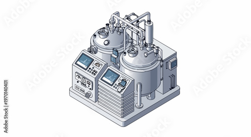 Smart Industrial Machinery Isometric Illustration: Automated Chemical Processing Unit with Control Screens and Storage Tanks on White Background