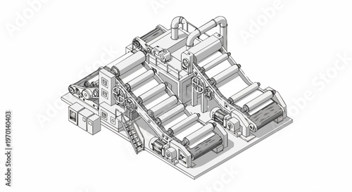 Isometric Industrial Machinery Line Art Illustration - Factory Manufacturing Process with Rollers and Conveyors