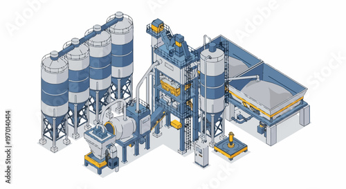 Isometric Concrete Batching Plant and Industrial Mixing Facility Illustration with Silos and Machinery