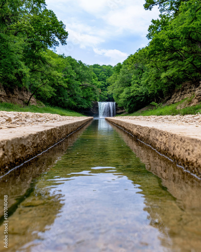 Waterfall stream forest canal reflection green landscape serene nature trail pool