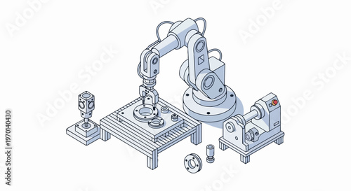 Isometric Robotic Arm for Automated Manufacturing and Smart Factory Assembly Line Illustration