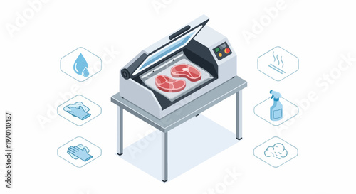 Isometric Vacuum Sealer Machine Packaging Raw Meat Steaks with Hygiene and Food Safety Icons