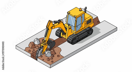 Isometric Yellow Excavator Machine Cutting Trench for Road Construction and Utility Pipe Installation Illustration