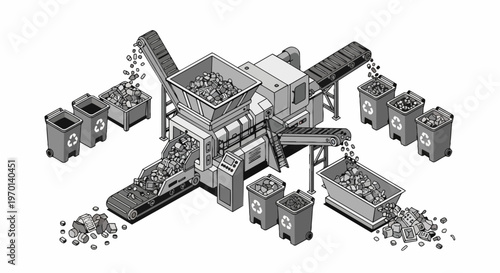 Isometric Industrial Recycling Plant and Waste Management System Illustration
