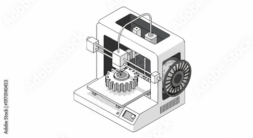 Isometric 3D Printer Illustration Printing a Mechanical Gear - Additive Manufacturing and Rapid Prototyping Concept