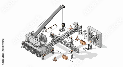 Isometric Construction Site Illustration with Mobile Crane, Workers, and Blueprints on White Background