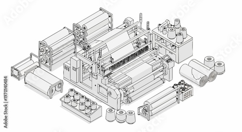 Isometric Line Art Illustration of an Industrial Textile Weaving Machine with Fabric Rolls and Thread Spools for Manufacturing Concepts