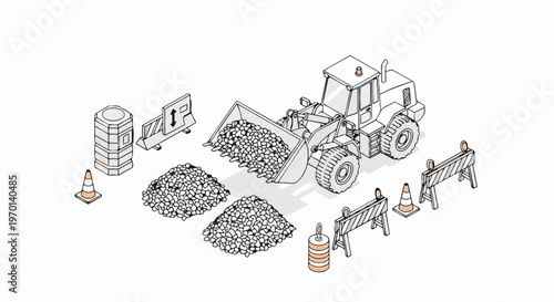 Isometric Vector Illustration of a Wheel Loader at a Construction Site with Gravel Piles and Safety Barriers for Infrastructure and Civil Engineering Projects