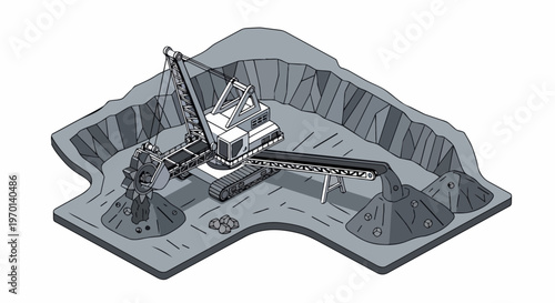 Isometric Industrial Mining Illustration: Large Bucket-Wheel Excavator in an Open-Pit Mine with Conveyor Belt System