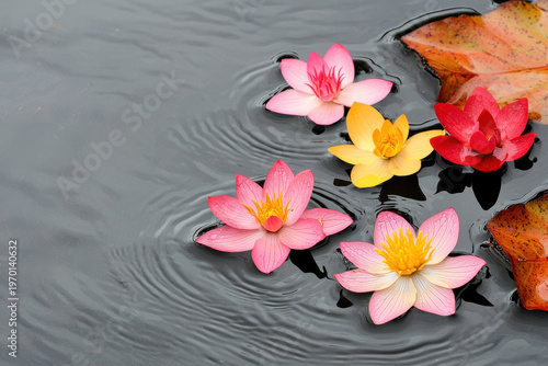 Water lily flower floating on dark pond with ripple and copy space, serene floral scene