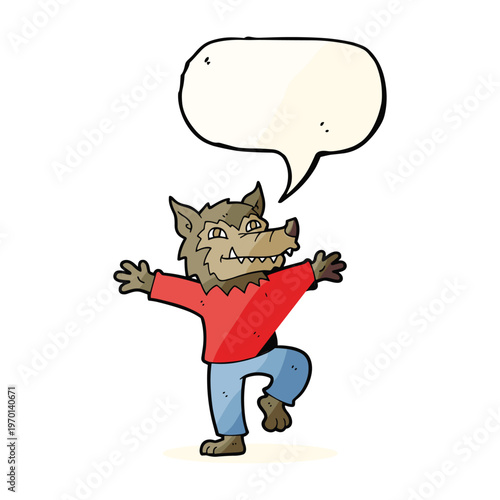 Cartoon illustration of a friendly werewolf wearing a red shirt and blue pants with a speech bubble.