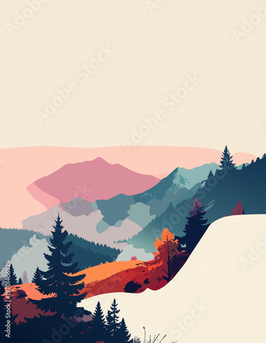  Montañas con árboles en tonos otoñales y niebla creando ambiente suave.
