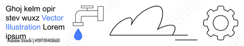 Water conservation, environmental sustainability, weather forecasting, technology concepts, industrial systems, eco-awareness. Line art of a tap, cloud and gear. Water conservation and technology