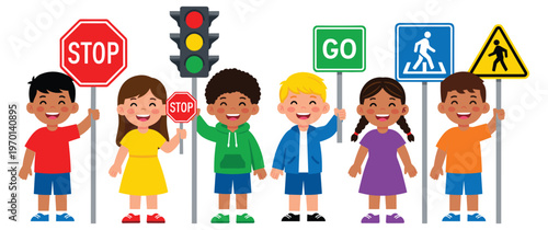 Group of diverse children holding various road safety traffic signs.