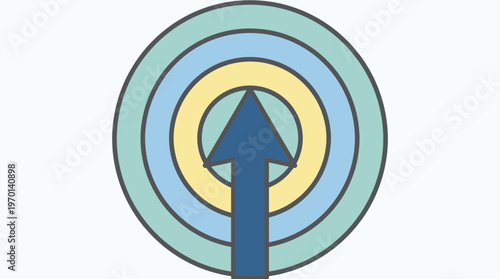 Blue upward arrow targeting concentric circles representing progress and growth
