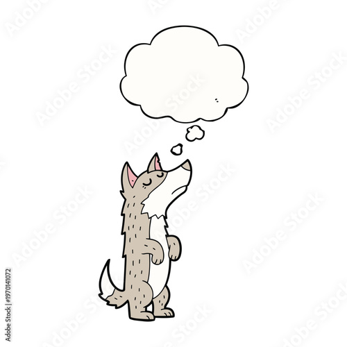 Cartoon illustration of a grey wolf standing on its hind legs with a large empty thought bubble