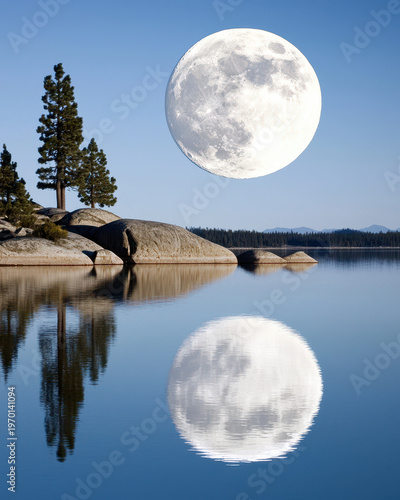 Lake moon reflection water tree rock sky calm blue night lake with moon reflection and tree on rock, calm water and copy space