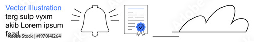 Notifications, document validation, certifications, cloud storage, compliance, digital communication. Icon of notification bell, certified document and cloud symbol. Notifications and document