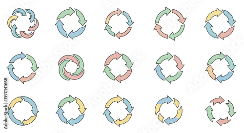 Collection of Circular Arrow Icons Representing Cycle, Process, Refresh, and Continuous Flow