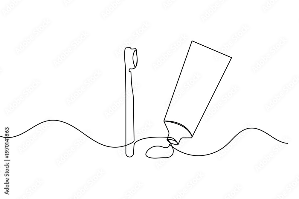 Obraz premium Continuous line drawing of toothbrush and toothpaste dental care icon