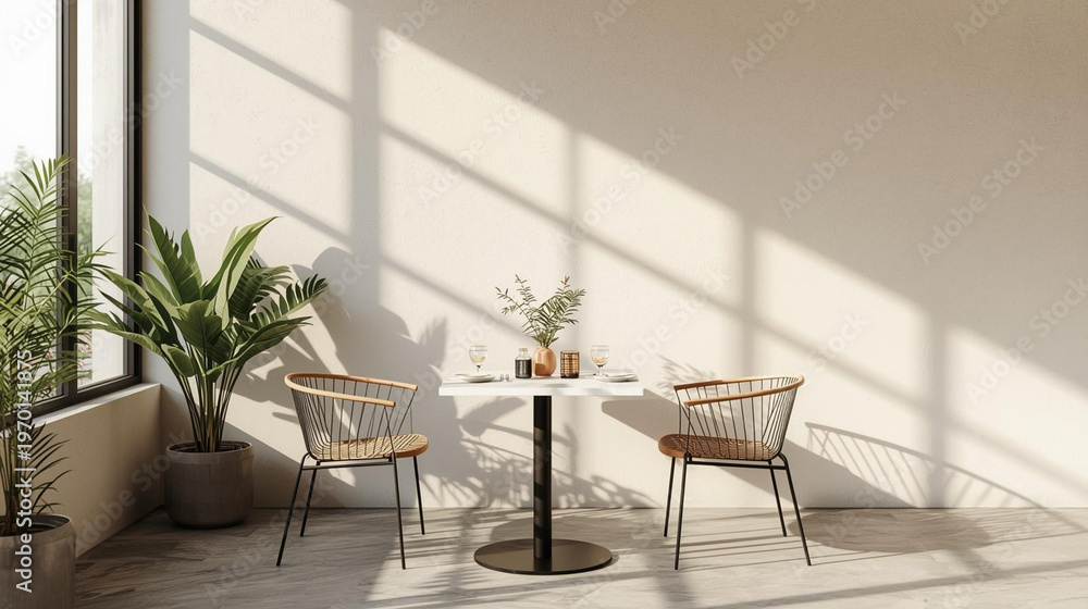 Fototapeta premium Cozy Outdoor Cafe Seating Area with Modern Design and Sunlight Shadows in Minimalistic Environment