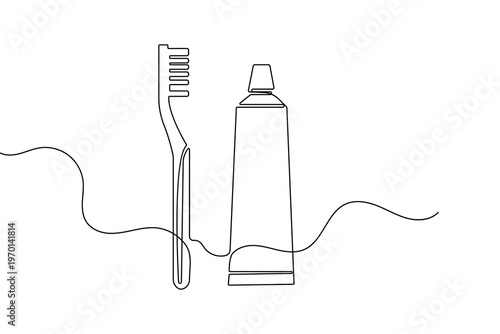 Continuous line drawing of toothbrush and toothpaste dental care icon