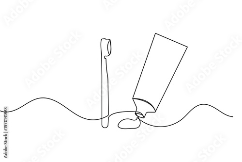 Continuous line drawing of toothbrush and toothpaste dental care icon