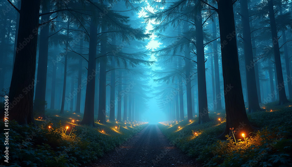 Obraz premium Enchanted forest pathway illuminated by soft glowing lights, surrounded by tall trees and mist, creating a mystical atmosphere for exploration and adventure