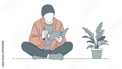 Person reading a book sitting cross-legged next to a potted plant, minimalist illustration