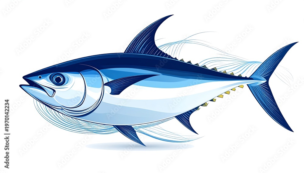 Fototapeta premium Digital illustration of a streamlined, marine creature with blue, white, and yellow hues. Depicts a sleek body, fins, and a prominent dorsal fin