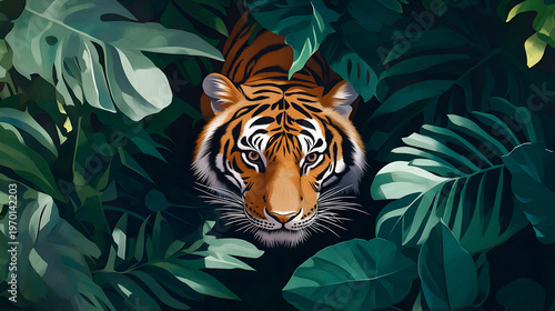 Majestic Tiger Peering Through Dense Tropical Jungle Foliage