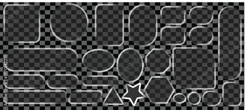 Transparent glass buttons, glass border shapes. Light glass box frame with neon effect for square ux icon. Elegant glass morphism UI design elements
