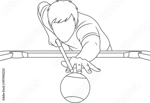 Line drawing of a man playing billiards and aiming a cue stick at the cue ball on a pool table