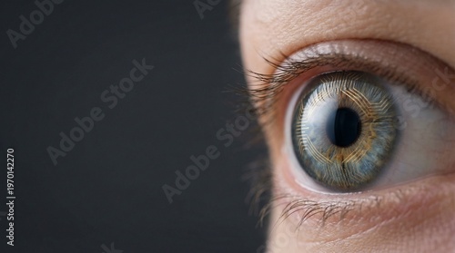 Extreme close-up of a human eye with an integrated microchip and nanotech circuit pattern on the iris. Wide banner format with copy space for artificial intelligence, cybernetics, or futuristic techno