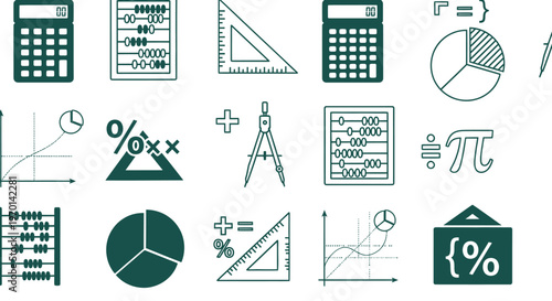 Math, geometry, finance icons set, 20+ symbols, white background, green color