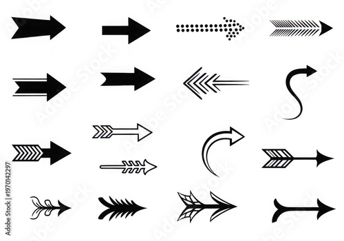 A collection of various black arrows on a white background