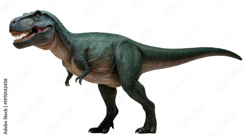 Fototapeta premium Detailed green Tyrannosaurus Rex standing, displaying sharp teeth and powerful claws