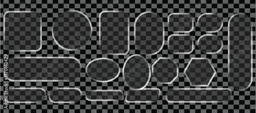 Transparent glass buttons, glass border shapes. Light glass box frame with neon effect for square ux icon. Elegant glass morphism UI design elements
