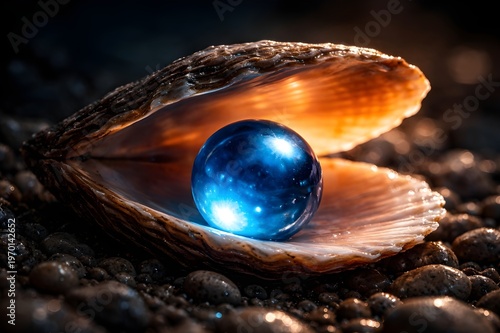 A radiant blue pearl glowing from within an open seashell, resting on a dark pebble beach under dramatic lighting.