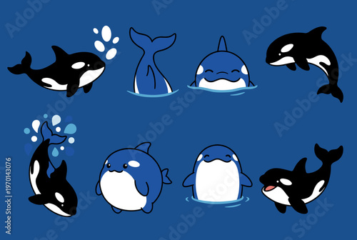 Cute Killer Whale Orca Character Set in Various Poses Isolated on Blue Background Vector Illustration for Marine Animal and Ocean Life Design