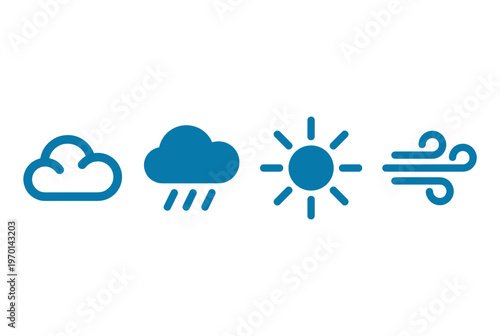 Set of Weather Forecast Blue Icons Isolated on White Background, Minimalist Vector Symbols for Cloud, Rain, Sun and Wind Blowing Effect Design
